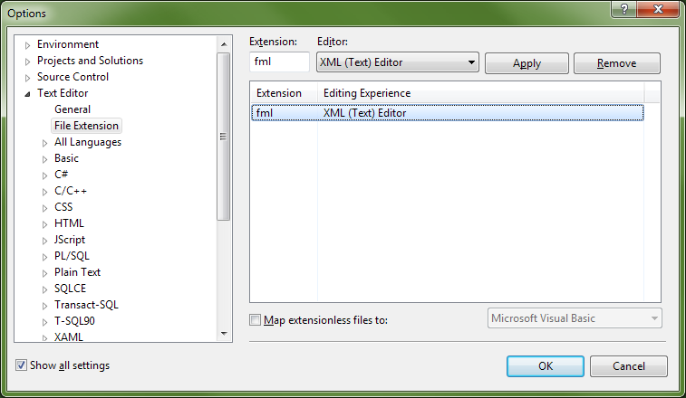 Visual Studio & gt; Параметры & gt; Текстовый редактор & gt; Расширение файла