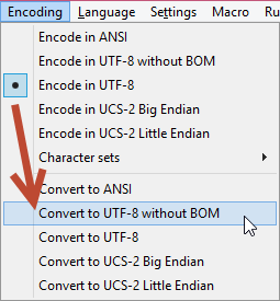 Notepad ++: Кодировка - преобразование в UTF-8 без спецификации