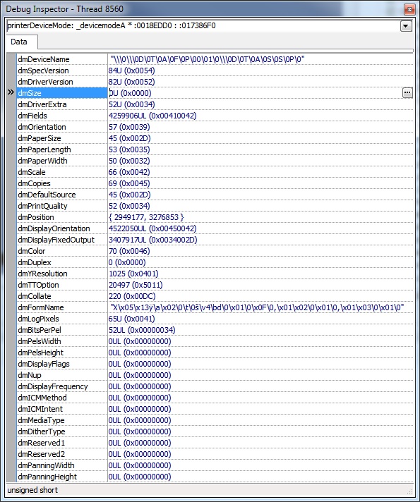Изображение окна инспектора отладки для printerDeviceMode
