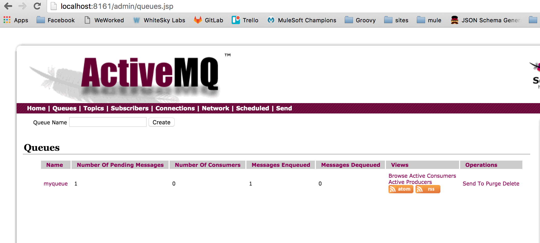 Я пытался создать очередь сообщений, используя ActiveMQ admin