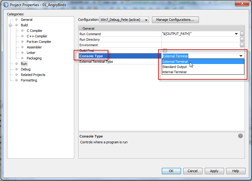 Run console command. Run Prop Run. NETBEANS C++.