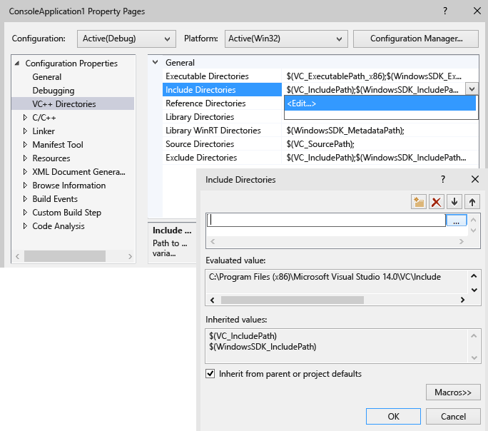 VS 2015 Properties - Каталоги VC ++