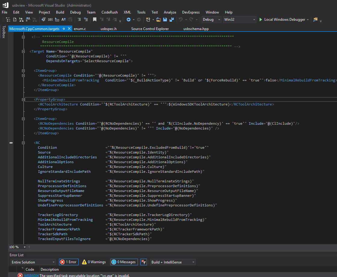 Visual Studio Microsoft.CppCommon.targets, показывающий раздел RC