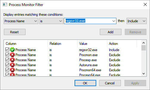 Применить фильтр включения в procmon.exe