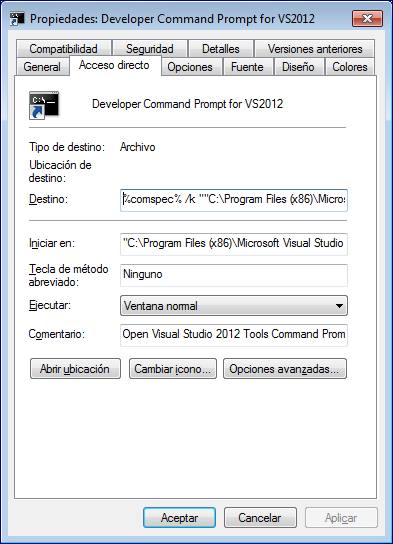 свойства для командной строки разработчика для vs2012