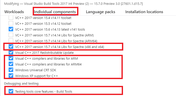 Компоненты, которые были пропущены в предыдущей установке VS 2017