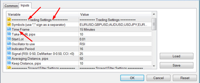 Панель диалога MetaTrader Termina для установки значений для & lt; code & gt; input & lt; / code & gt; и & lt; code & gt; extern & lt; / code & gt; переменные на {советник | Технический индикатор | Script} запуск выполнения кода