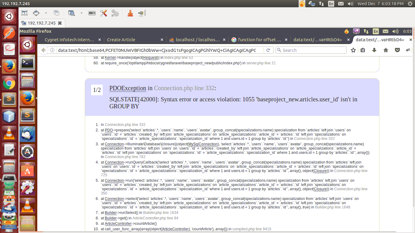 PDOException в строке Connection.php 332: SQLSTATE [42000]: синтаксическая ошибка или нарушение прав доступа 1055'baseproject_new.articles.user_id' isn't in GROUP BY