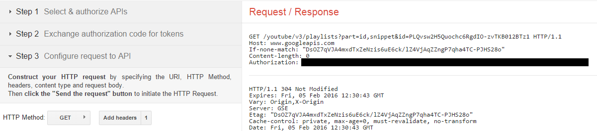 Google OAuth 2.0 Playground и использование ETags