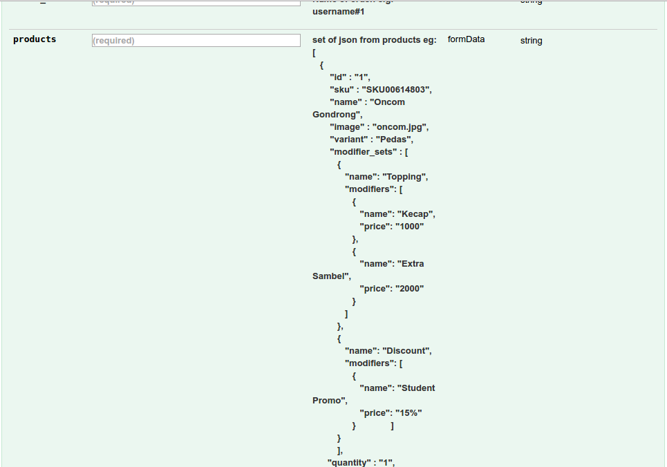 Пример данных JSON для описания параметров