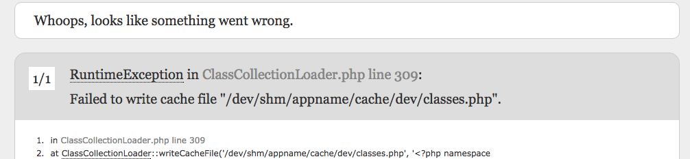 Не удалось записать файл кэша & quot; /dev/shm/appname/cache/dev/classes.php