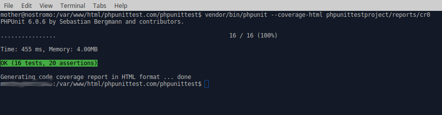 Терминальный скриншот вызова phpunit.